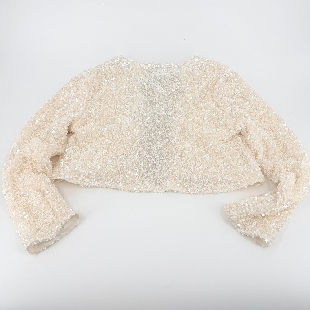 White Sequin Cropped Bolero Jacket with Black Bows Long Sleeve Shrug Size M - Picture 3 of 5